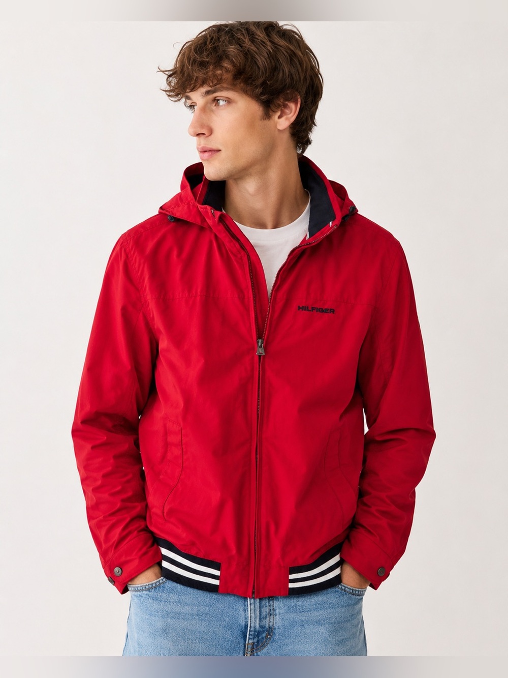 Tommy Hilfiger Red Hooded Windbreaker Jacket Men’s Small Full Zip Lightweight